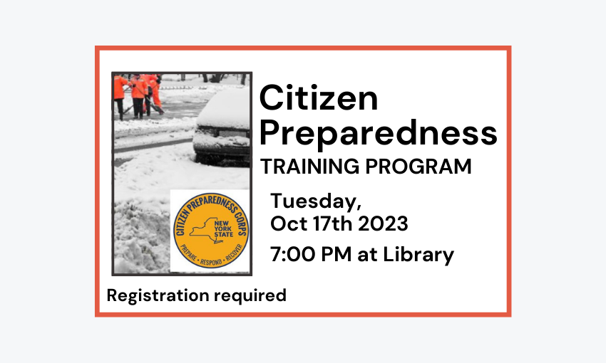 231017 Citizen Preparedness Training Program at 7pm at Library. Registration required.