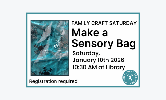 260110 Family Craft Saturday Make a Sensory Bag at 10:30am at the Library. Registration required.