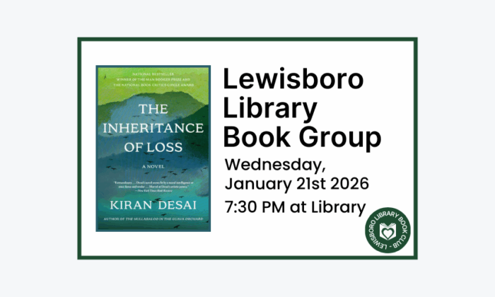 260121 Lewisboro Library Book Group The Inheritance of Loss at 7:30pm at the Library.