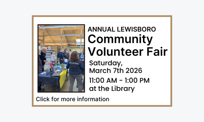 260307 Lewisboro Community Volunteer Fair from 11am to 1pm at the Library. Click for more information.