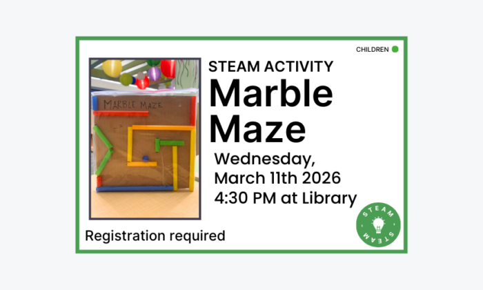 260311 STEAM Activity Marble Maze at 4:30pm at the Library. Registration required. Children program.