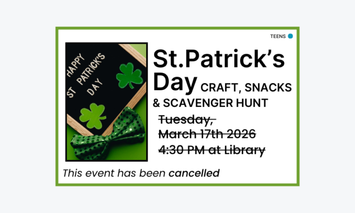 260317 St. Patricks Day Craft, Snack and Scavenger Hunt Cancelled