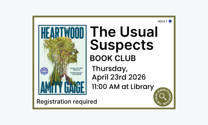 260423 The Usual Suspects Book Club at 11am at the Library. Registration required. Adult program.