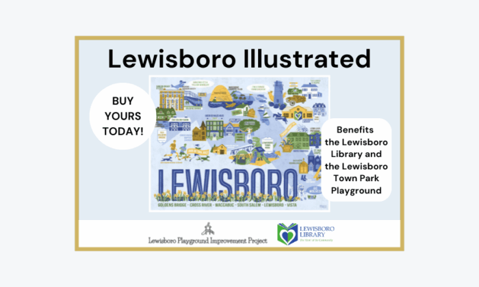 Lewisboro Illustrated Poster. Buy yours today. Benefits the Lewisboro Library and the Lewisboro Town Park Playground.