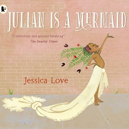 book cover with child wearing a blanket as a mermaid tail