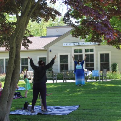 storytime on the front lawn of library