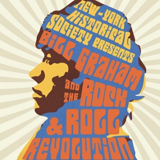 Drawing of Bill Graham with Groovy font "Bill Graham and the Rock & Roll Revolution"