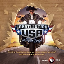 Man riding motorcycle with logo Constitution USA