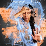 stressed woman with hand on her forhead and word stress superimposed