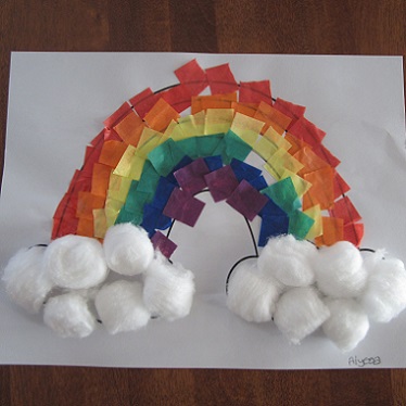 rainbow craft made of colored tissue paper and cotton balls