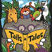 Cartoon animals reading a book titled Tails & Tales