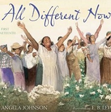 book jacket of All Different Now, with enslaved people raising their arms to celebrate freedom