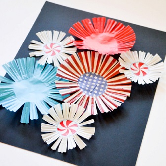 red, white blue cupcake liners cut to look like fireworks exploding