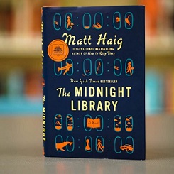 The Midnight Library book cover ffeaturing cartoon images of planes, whales and women walking