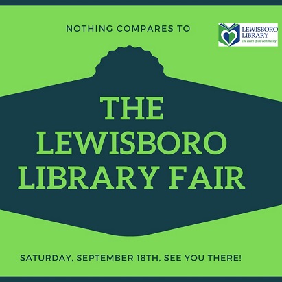 Graphic of The Lewisboro Library Fair in green writing on a blue background