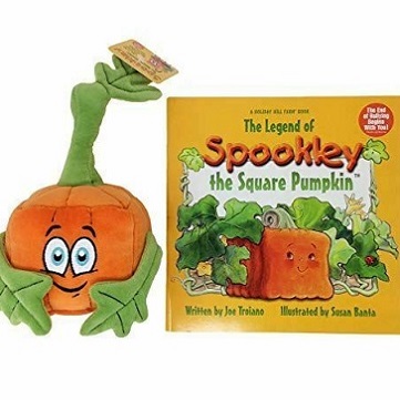 the cover of children's book "Spookley the Square Pumpkin," which features a drawing of an orange square pumpkin in a patch. Alongside it is a stuffed figure of a square pumpkin.