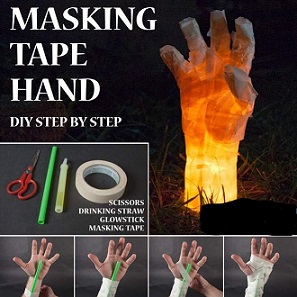 hand made out of masking tape with a light tsick inside so it glows