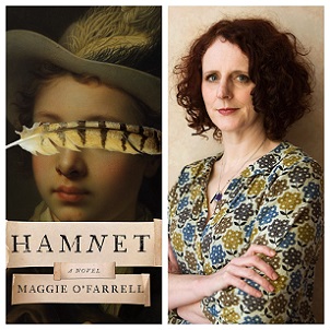 Book Cover of "Hamnet" with boy with feather across face, alongside author photo of woman standing with arms crossed