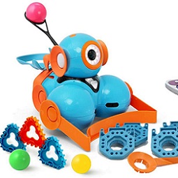 small blue robot surrounded by colorful pieces that can be added