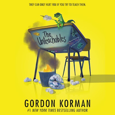 cartoon image of a desk with graffiti on it and book title The Unteachables, trash can fire also in picture