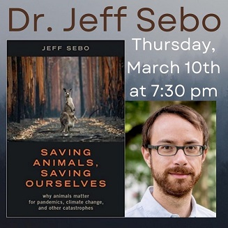 book cover featuring kangaroo with title Saving Animal, Saving Ourselves, along side photo of author, a man in glasses