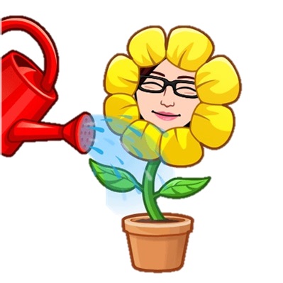 cartoon image of potted flower with woman's face being watered