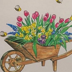 drawing of a brown wooden wheelbarrow filled with pink tulips and yellow daffodils