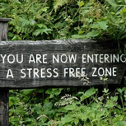 wooden sign surrounded by leafy woods with words "you are now entering a stress free zone"