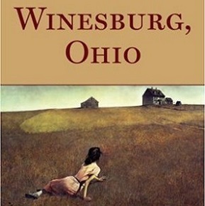 Book Cover title Winesburg, Ohio with drawing beneath of woman crawling in the grass with farm in distance
