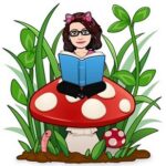cartoon of a woman with dark hair and glasses sitting on giant toadstool reading aloud