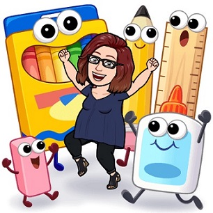 cartoon of a woman with dark hair and glasses dancing with crayons, glue and an eraser