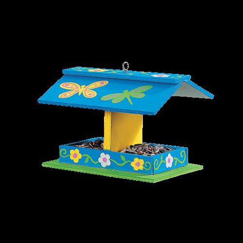 homemade birdfeeder painted blue with butterflies and flowers