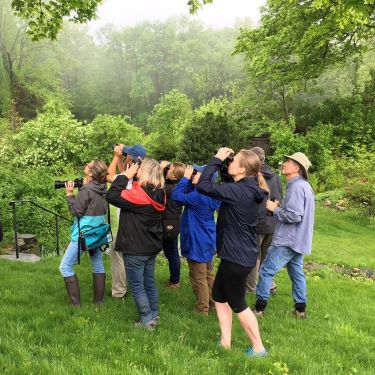 group of people in field looking through binoculars for birds