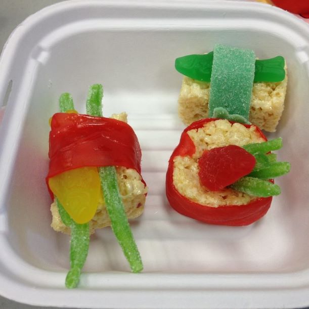 colorful "sushi" made from fruit roll ups, gummy candy and rice treats