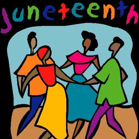Word "Juneteenth" over people dancing in circle