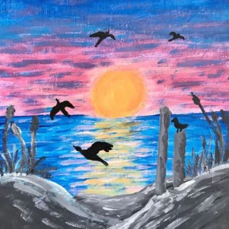 painting of beach at sunset with sea birds flying around