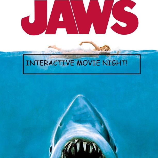 Film poster for Jaws movie with shark below female swimmer