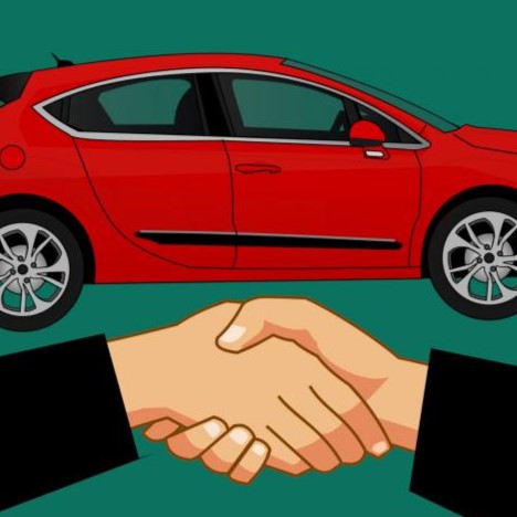 Cartoon image of people shaking hands in front of new red car