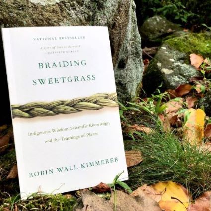 book cover featuring a large brad of sweetgrass wuth book title "Braiding Sweetgrass" by Robin Wall Kimmerer