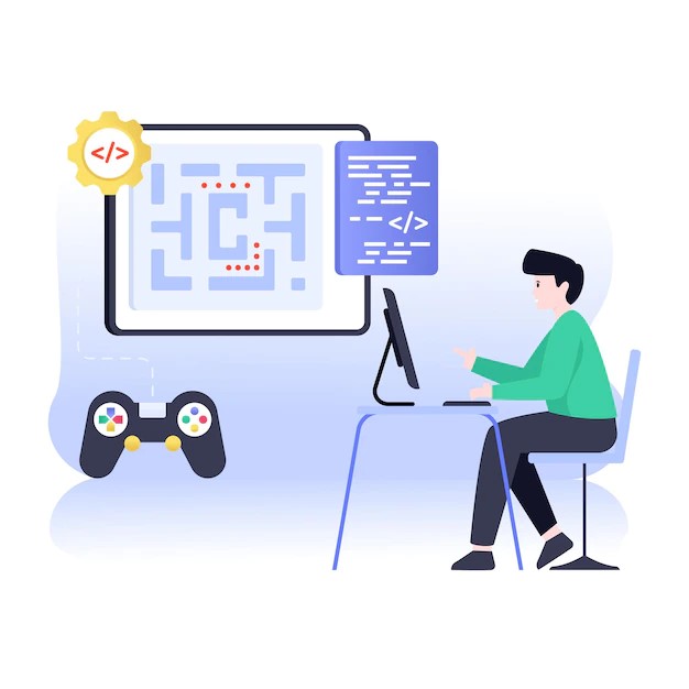 drawing of child sitting at a computer with game controller attached and thought bubble with coding streams