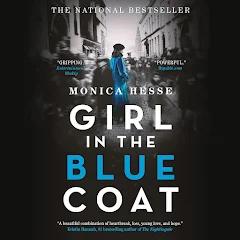 book cover with black and white photo of old buildings and a girl in a blue coat in forefront