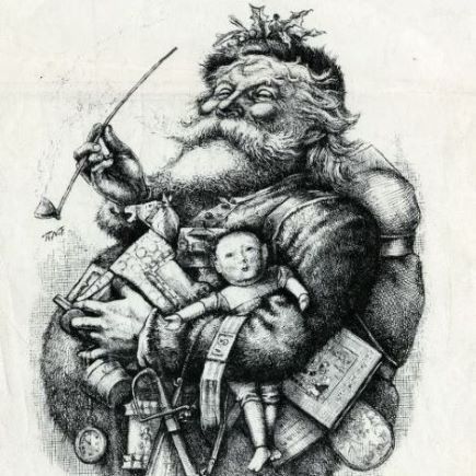 line drawing of old-fashioned St Nicklaus with arms full of toys