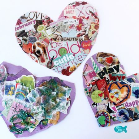 collages made from cut-out words and images pasted on large heart-shaped paper