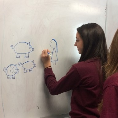 teen girl drawing pigs on a white board