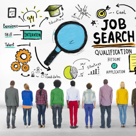 groups of teens facing a wall containing words Job Search and drawings of magnifying glass, target and graduation cap