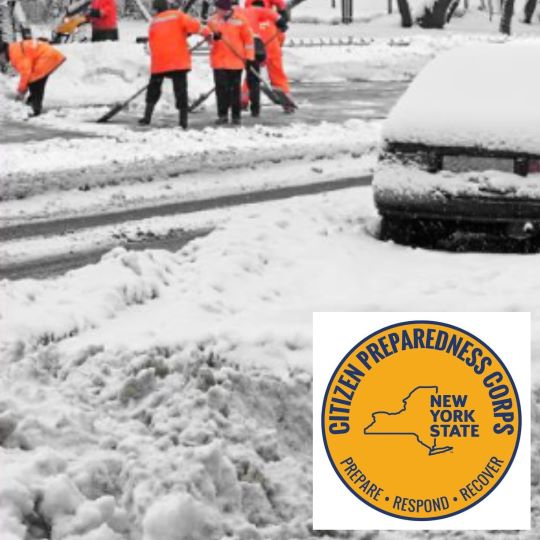 people in deep snow shoveling above logo of Citizen Preparedness Traning