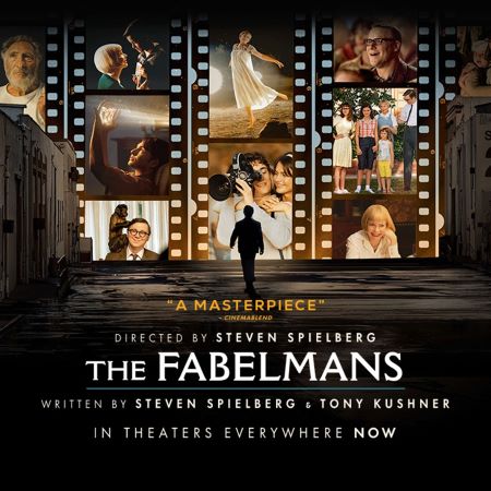 movie poster of The Fablemans showing young man silhouetted before frames of a film
