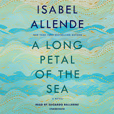 book cover with painting of waves and sand and the words "A Long Petal of the Sea"