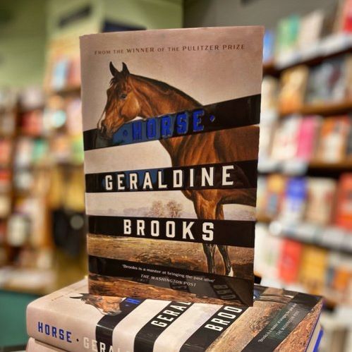 book jacket with drawing of a horse behind a fence with rails that read Horse by Geraldine Brooks
