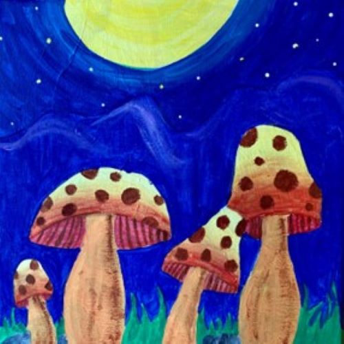 painting of large mushrooms in grass against a blue sky and sun